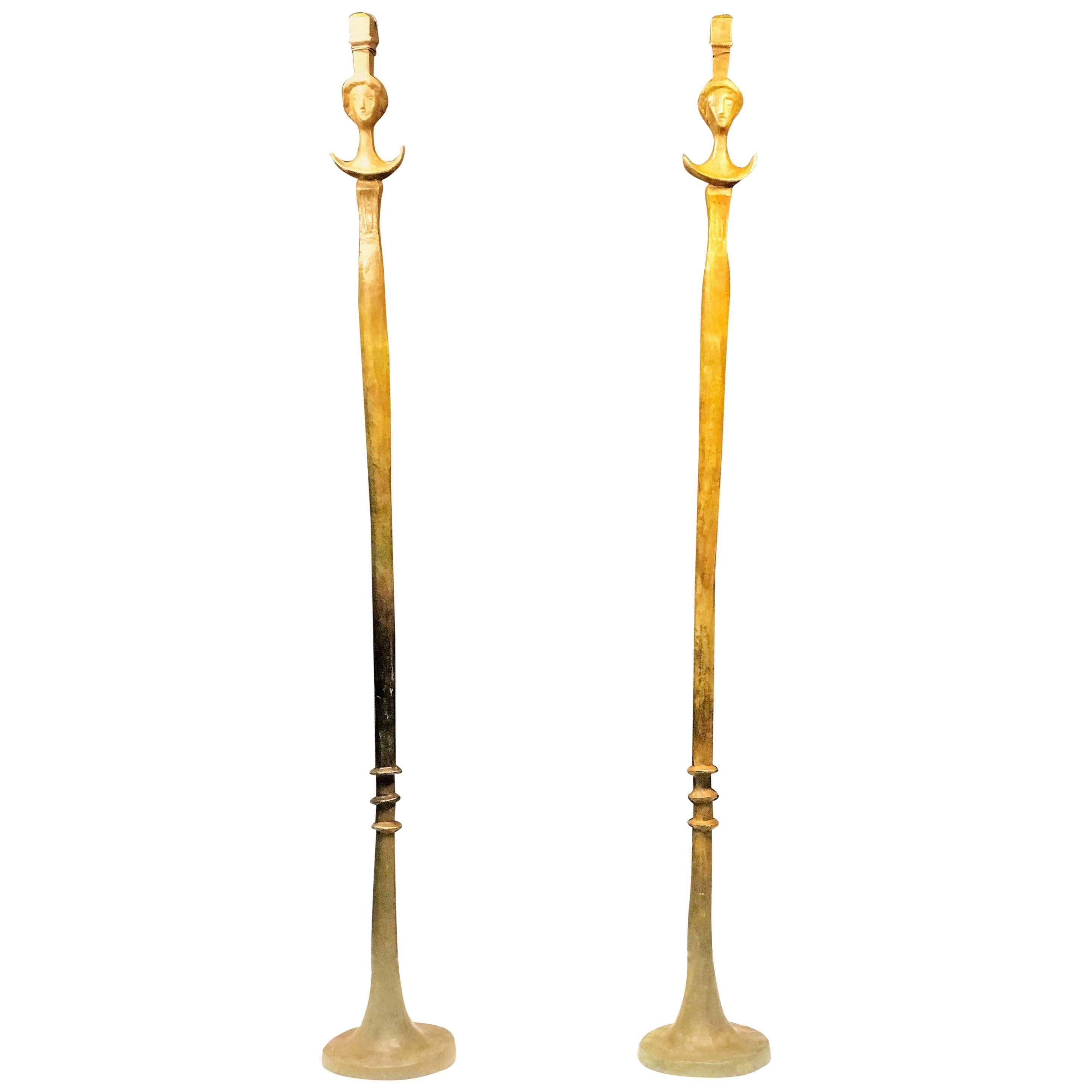 Monumental Pair of Bronze 'Tete De Femme' Floor Lamps after Giacometti For Sale