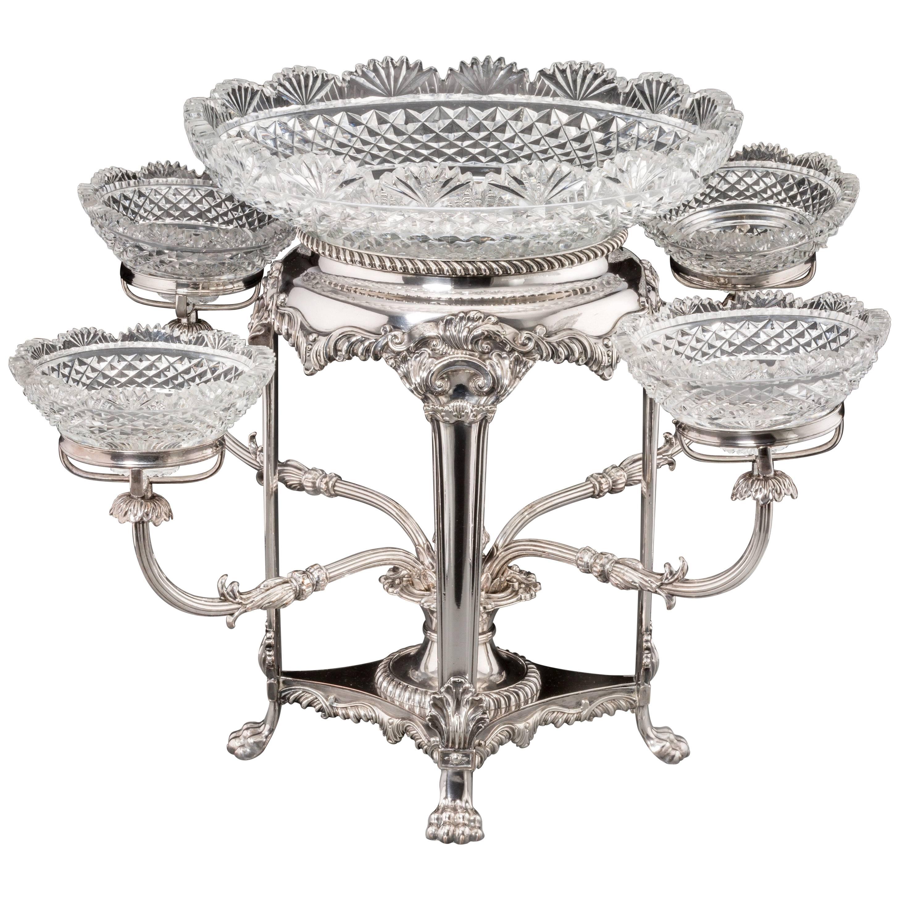 19th Century English George III Style Silver-Plated and Cut-Glass Epergne