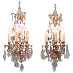 Pair of 19th Century French Louis XIV Tall Bronze Dore and Crystal Sconces