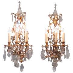 Pair of 19th Century French Louis XIV Tall Bronze Dore and Crystal Sconces 1