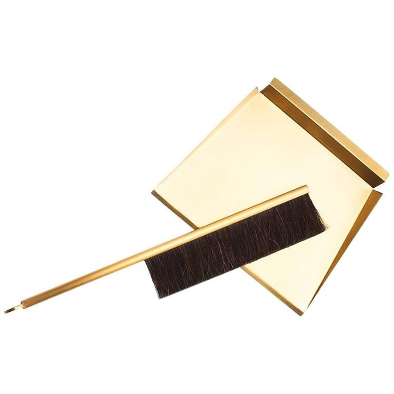 Sweep Dust Pan and Brush with Wall Mount Peg, Made of Brass and Horsehair Brush For Sale