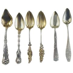 Antique Harlequin Set of Six Sterling and Gold-Wash Grapefruit Spoons by Whiting