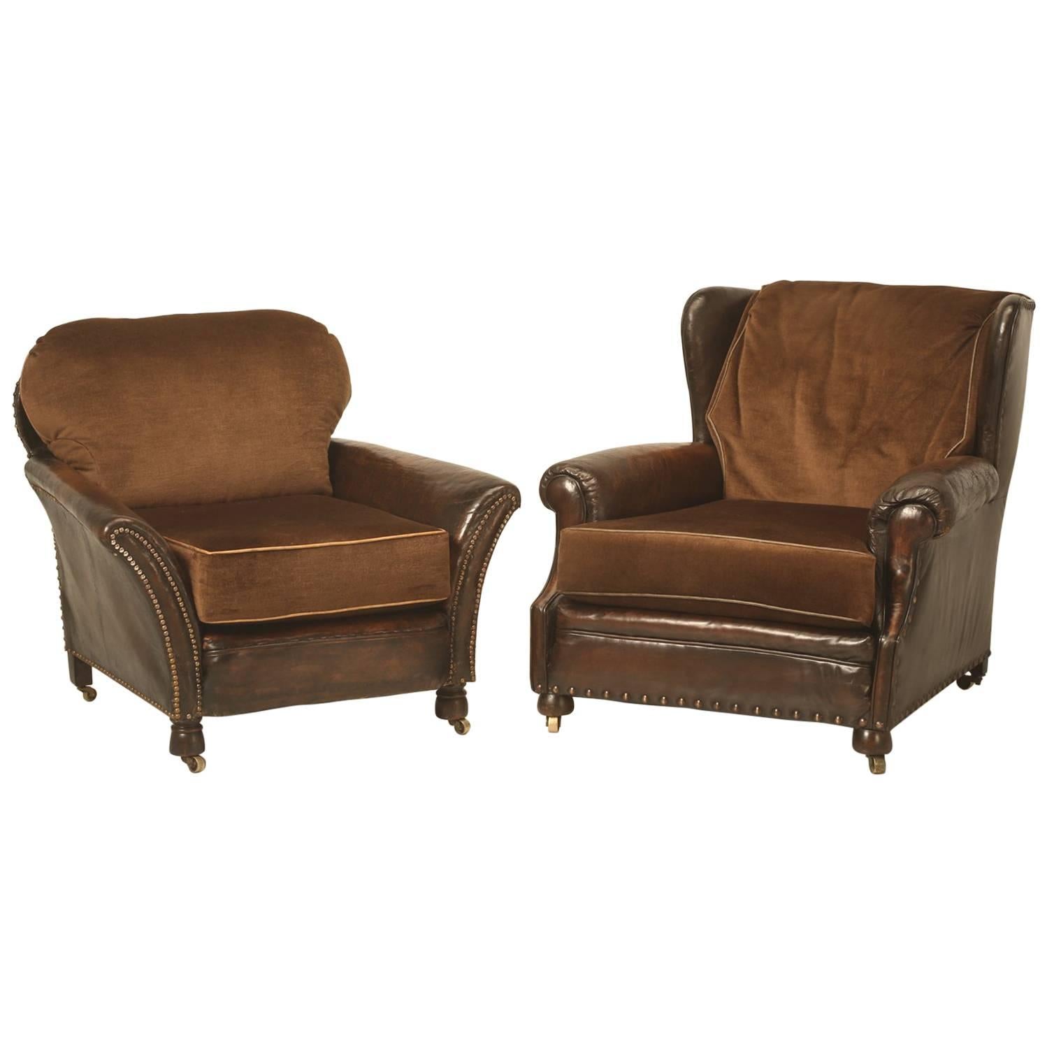 French Leather Club Chairs Mohair Down Filled Cushions, Beyond Comfortable  For Sale