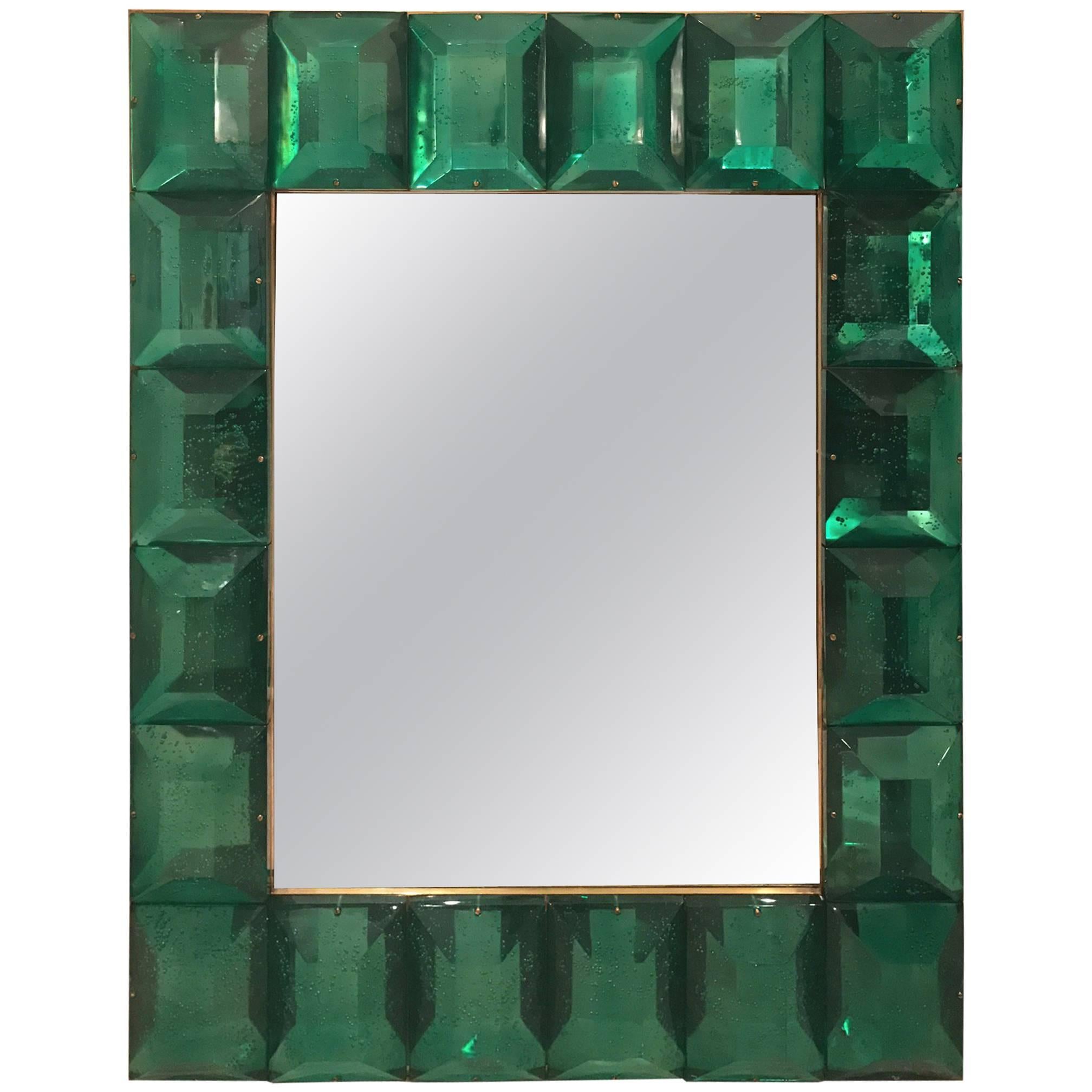  Customizable Faceted Murano Glass Mirror in Emerald Green