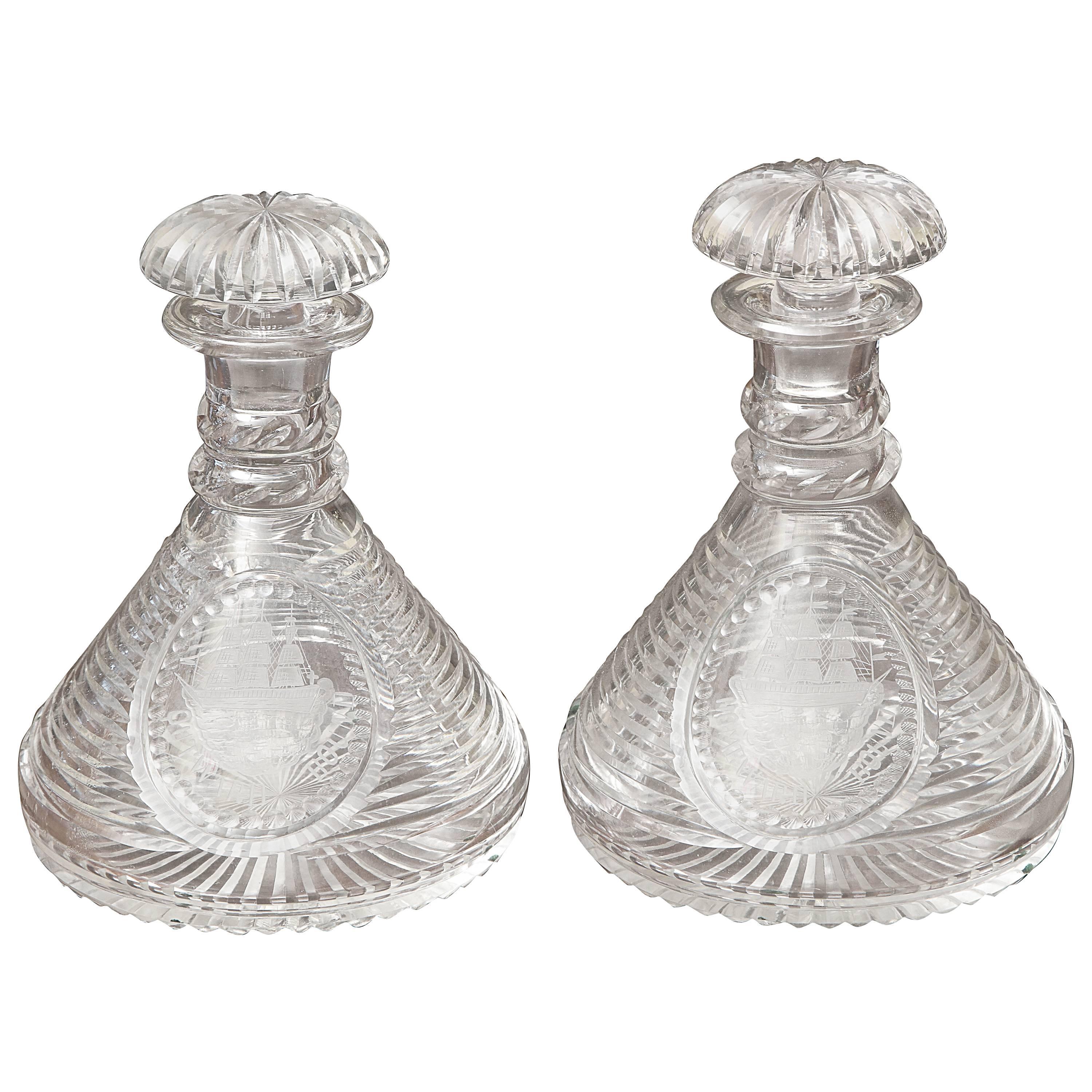 Pair of Finely Cut Crystal and Engraved Ship's Decanters, English, circa 1875 For Sale