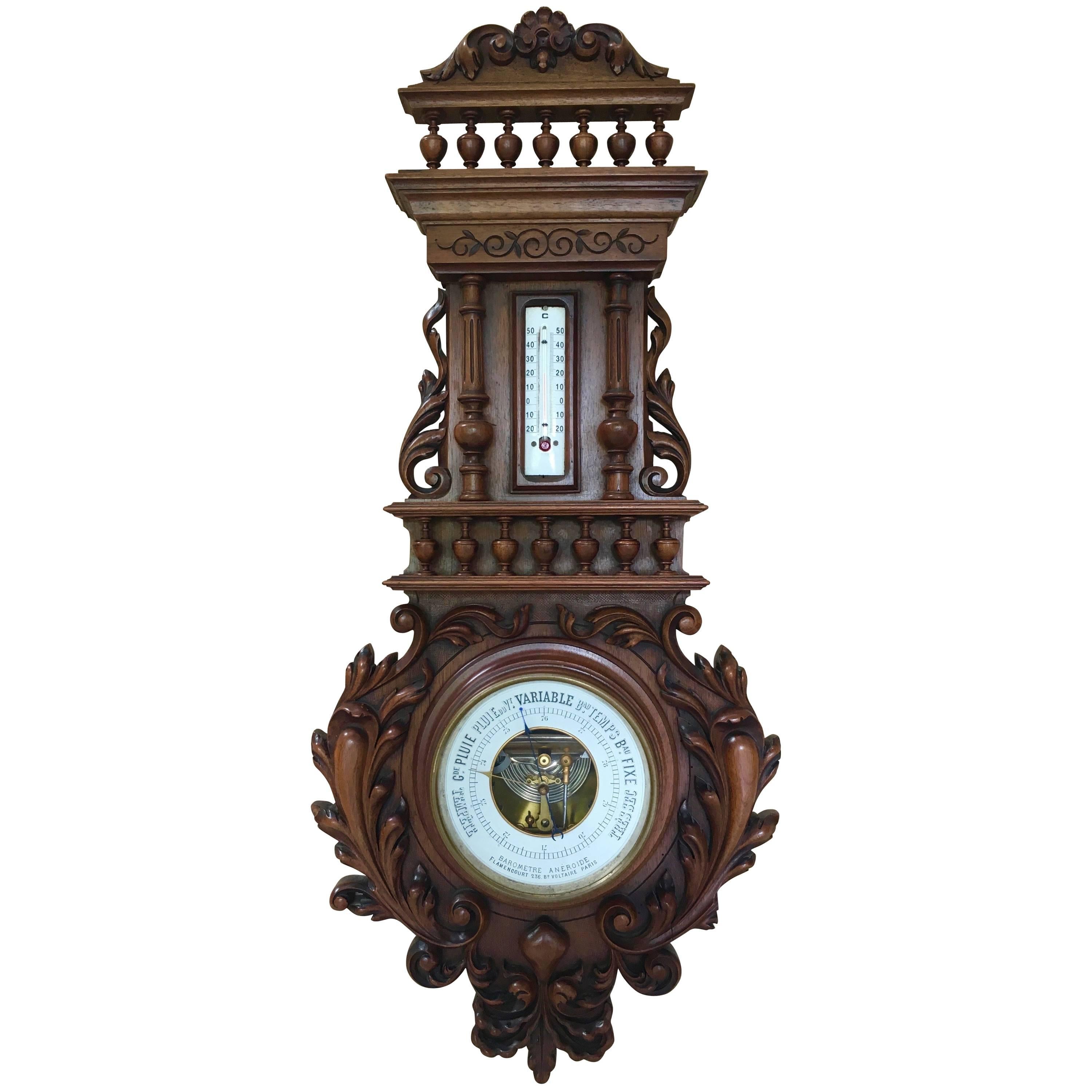 19th Century Carved Walnut Barometer & Thermometer in Centigrade   MOVING SALE!!