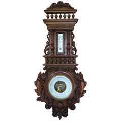 Antique 19th Century Carved Walnut Barometer & Thermometer in Centigrade   MOVING SALE!!