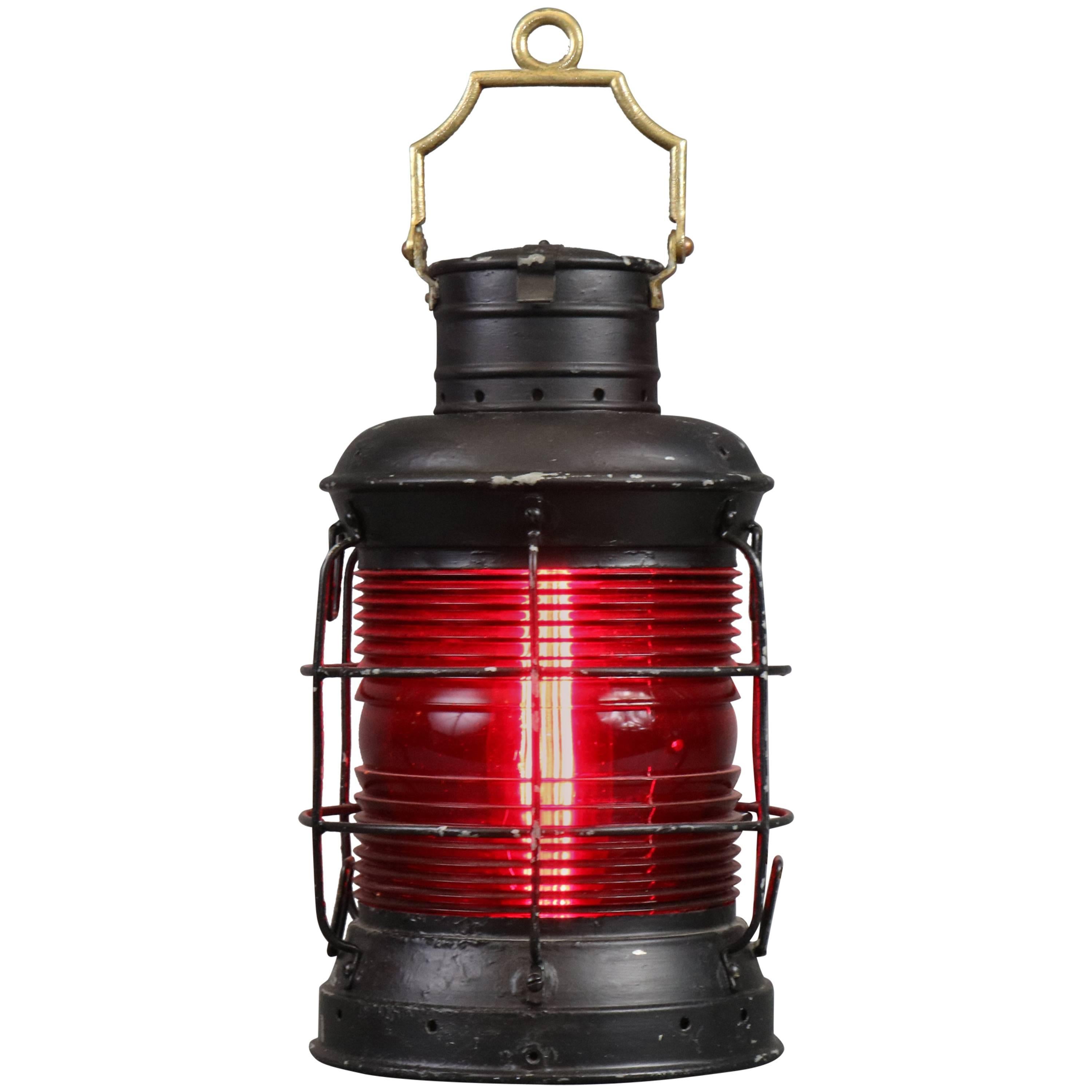 Steel Ship's Lantern with Red Lens For Sale