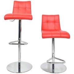 Pair of Italian Made Red Leather Adjustable/Swivel Bar Stools 1