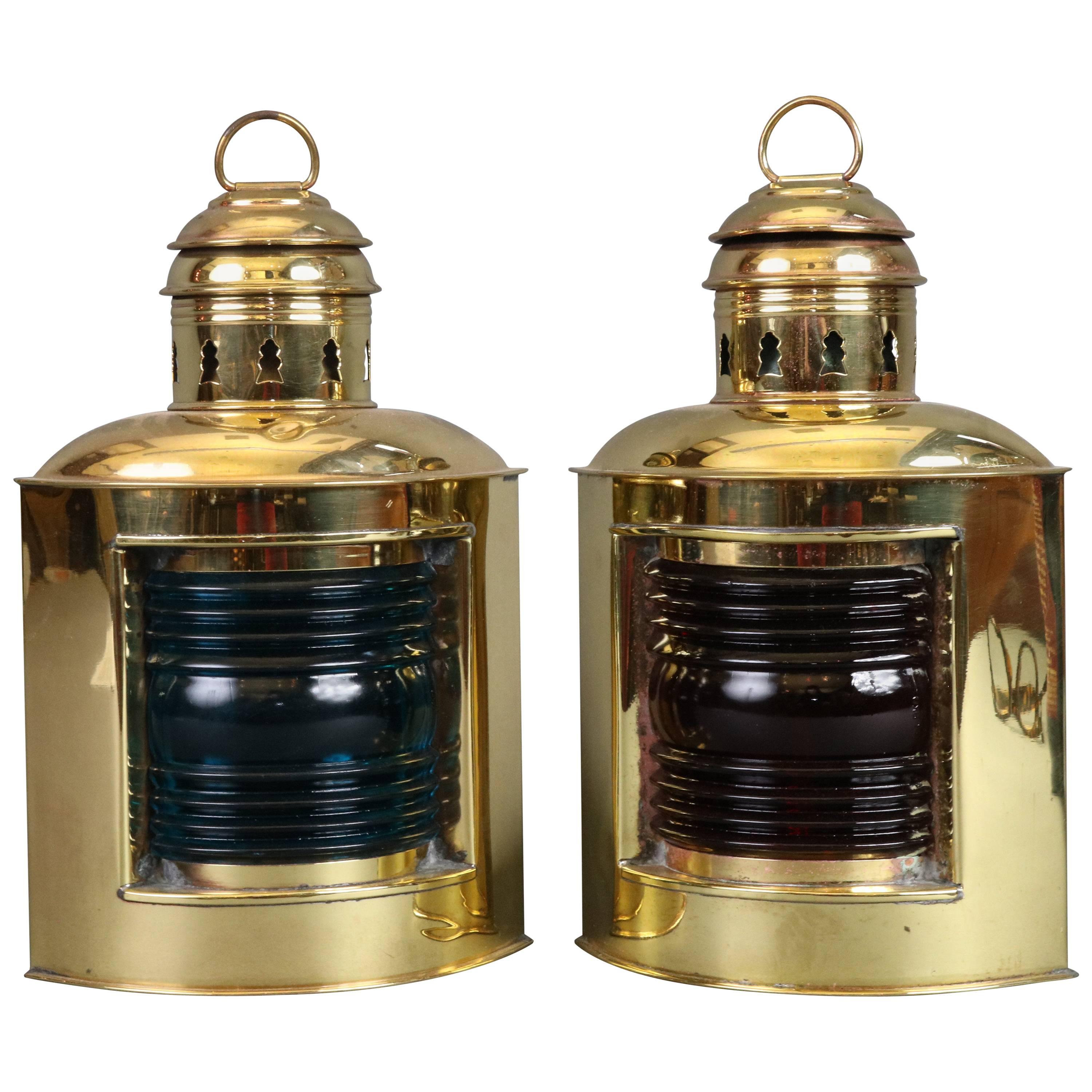 Pair of Brass Port and Starboard Ship Lanterns with Fresnel Lenses. NY