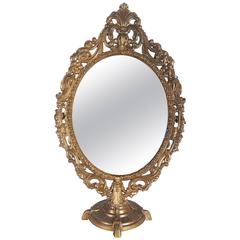 Antique Oval Table Brass Mirror in Baroque Style