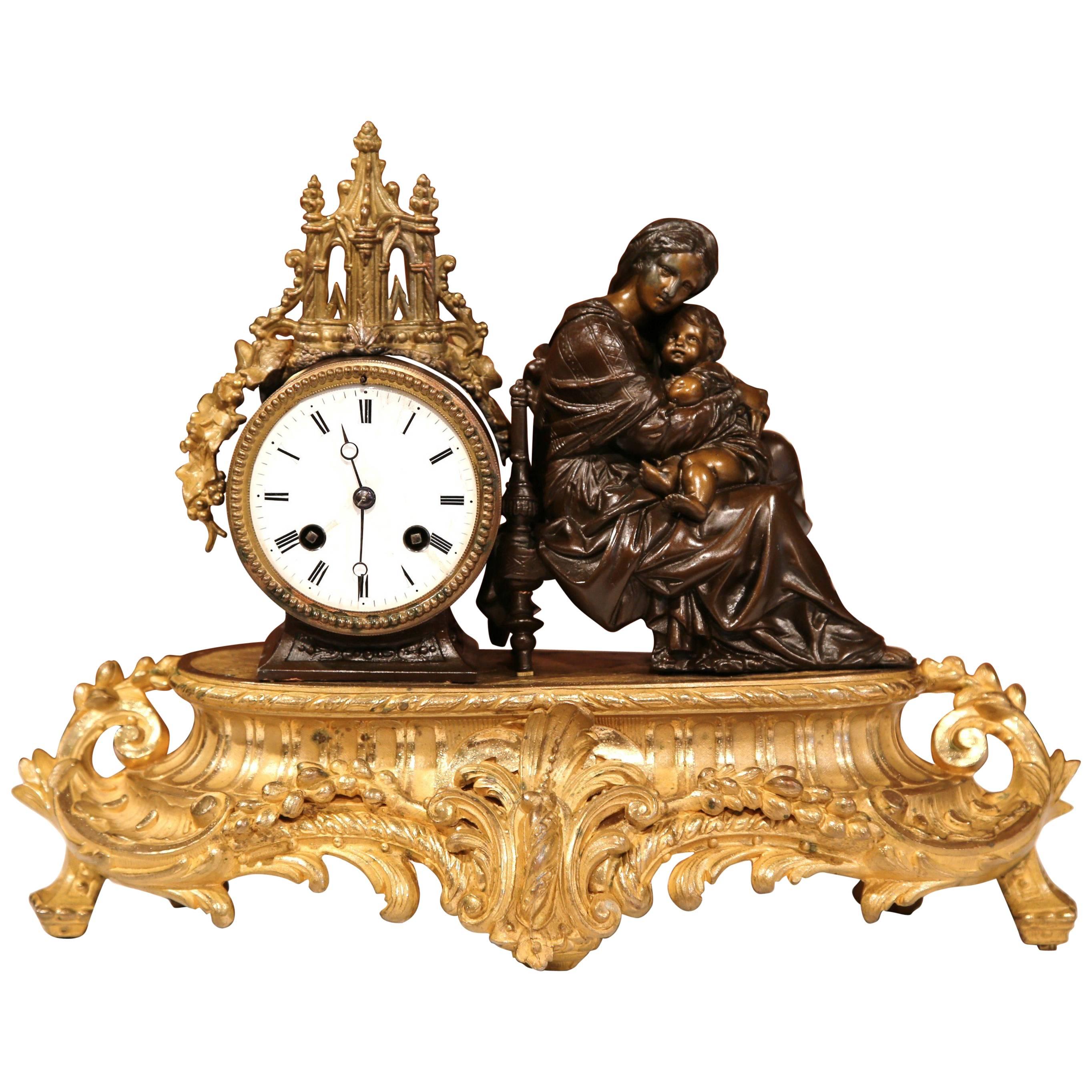 19th Century French Louis XV Bronze Mantel or Desk Clock with Mother and Child