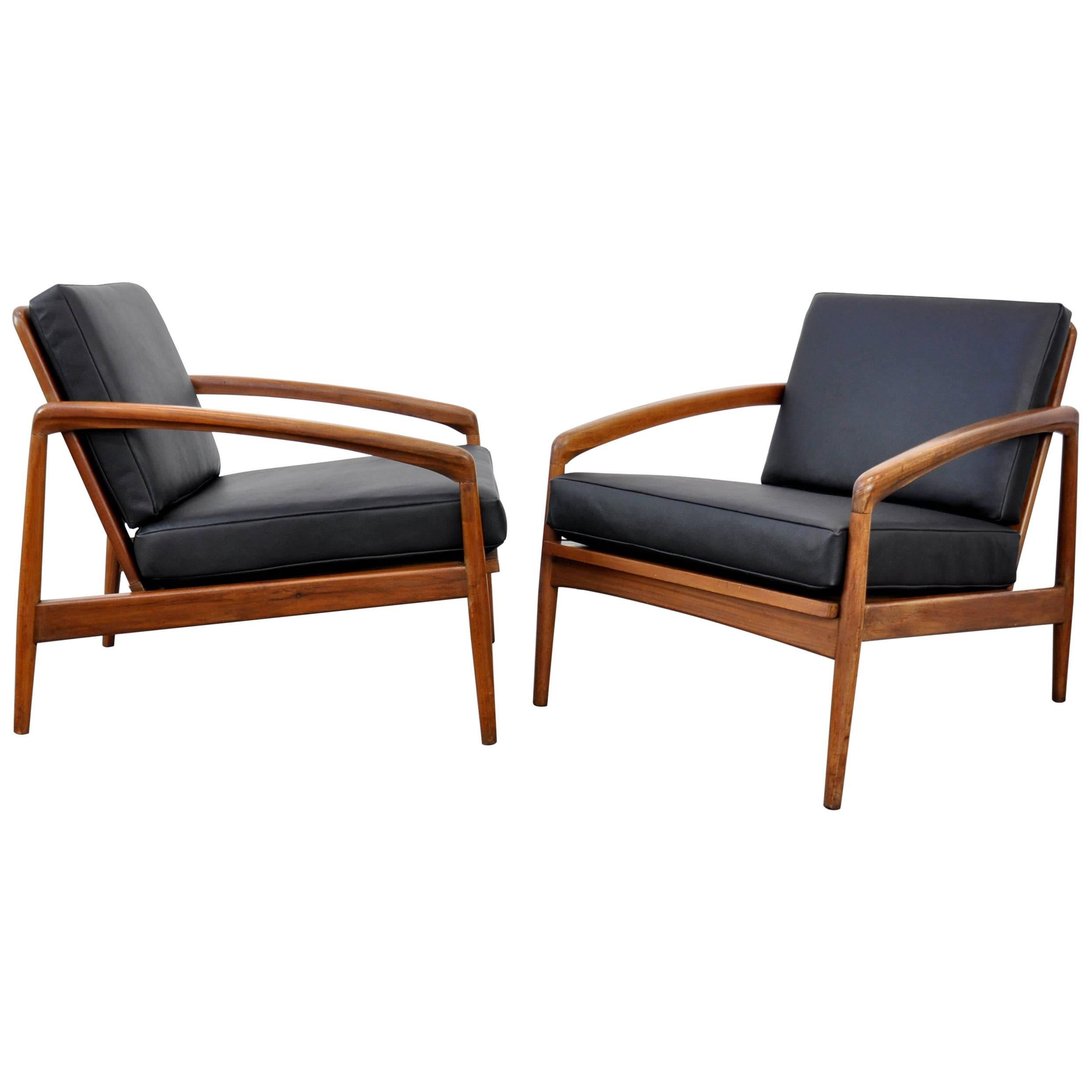 Pair of Danish Modern Black Leather and Teak Lounge Chairs