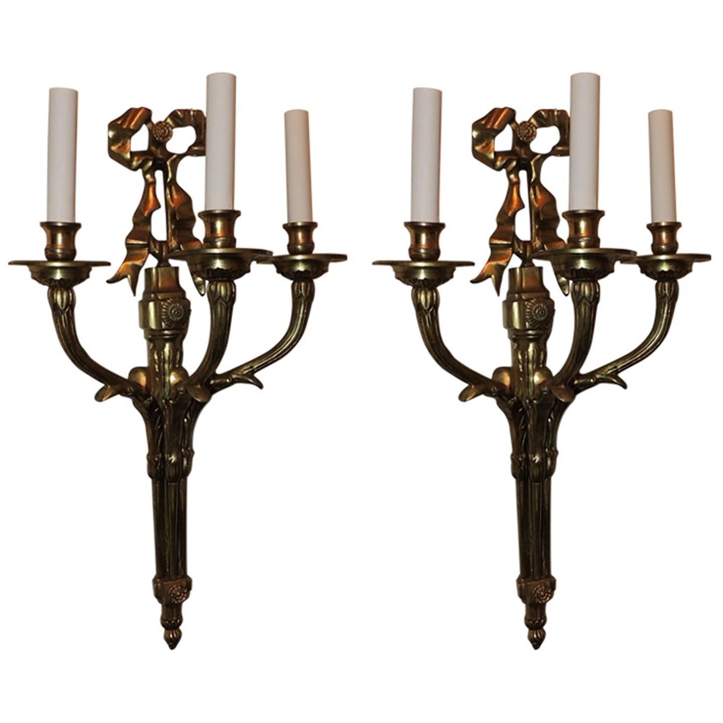 Elegant Set 6 French Gilt Bronze 3 Pair Bow Top Rosette 3 Arm Filigree Sconces