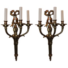 Elegant Set 6 French Gilt Bronze 3 Pair Bow Top Rosette 3 Arm Filigree Sconces