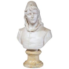 19th Century French Hand-Carved Marble Bust of a Young Man