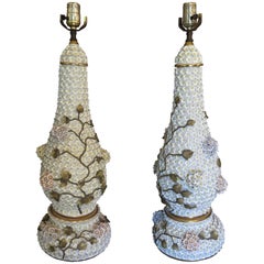 Pair of German Schneeballen Porcelain Covered Lamps