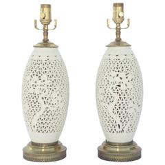 Pair of Vintage Blanc De Chine Piercework Vase Lamps
