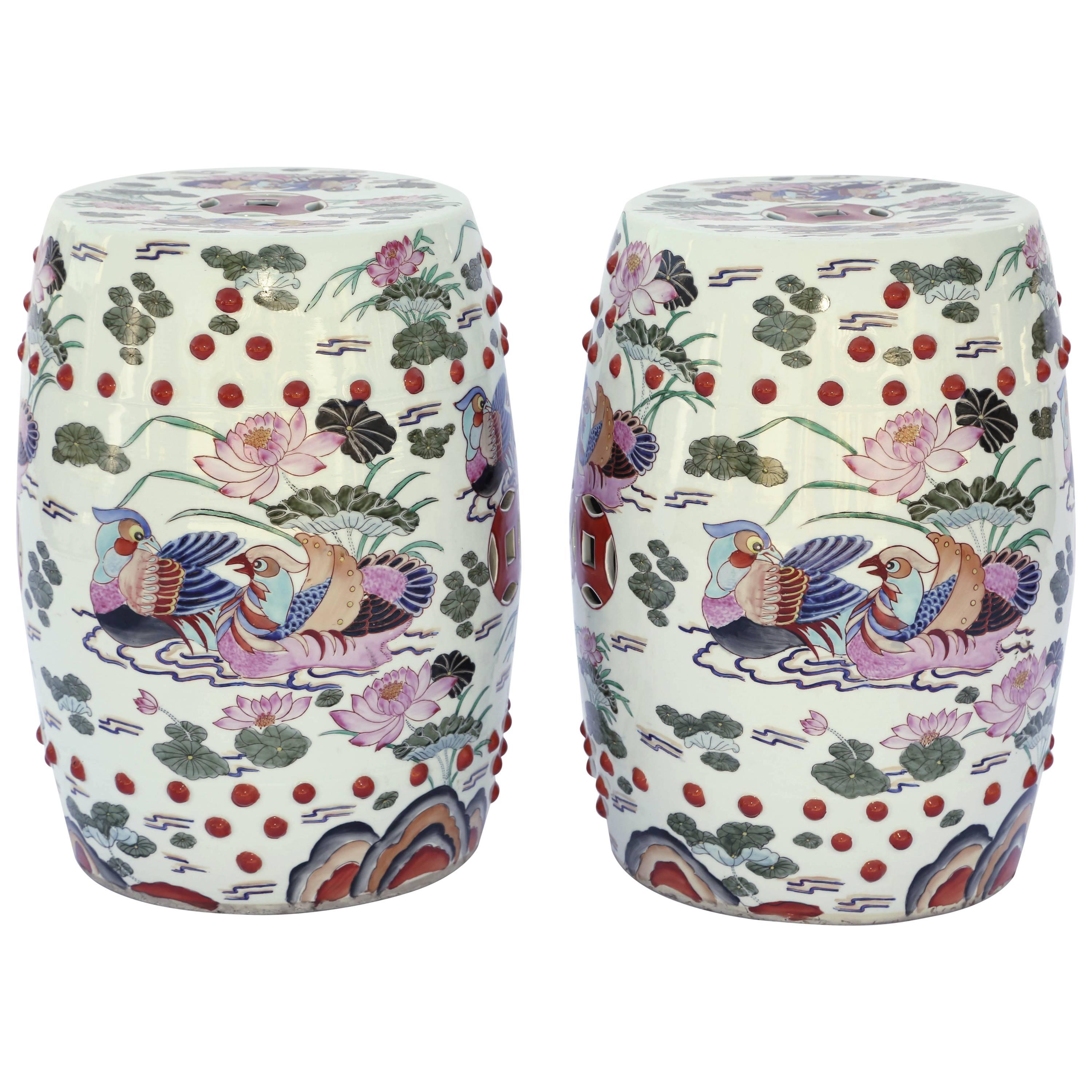 Pair of Hand-Painted Chinese Porcelain Drum Stools