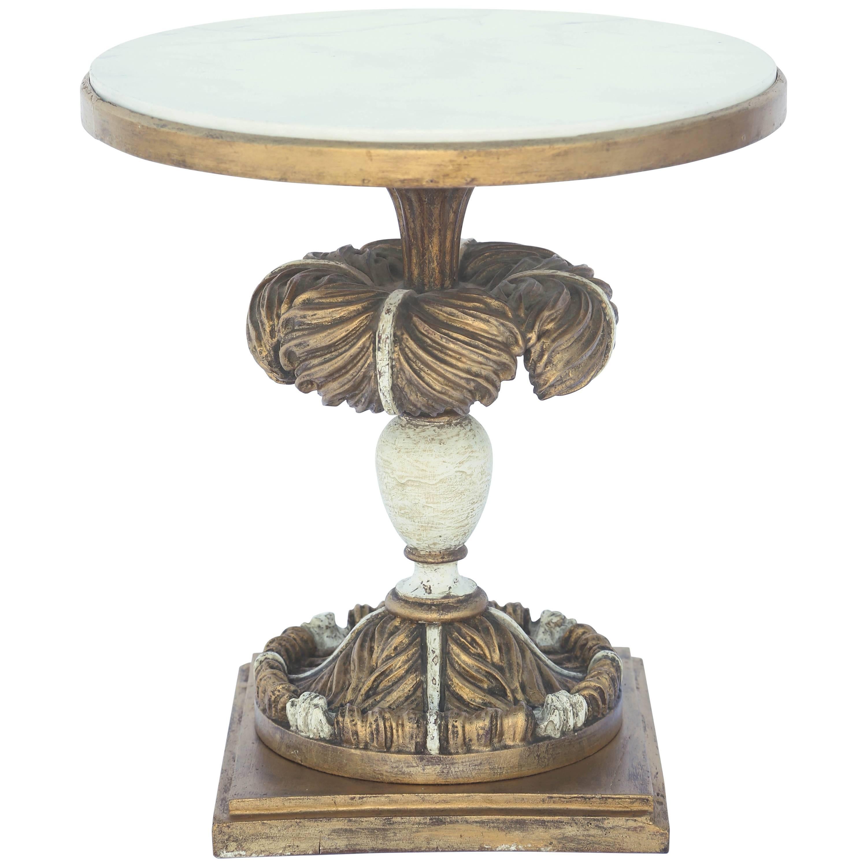 Round Accent Table with Marble Top on Painted and Parcel-Gilt Plume Base For Sale