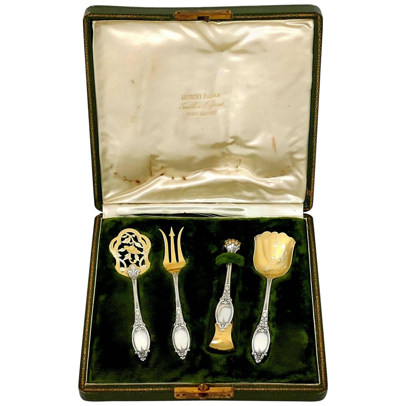 Maillard French All Sterling Silver 18-Karat Gold Dessert Set, Box, Neoclassical For Sale