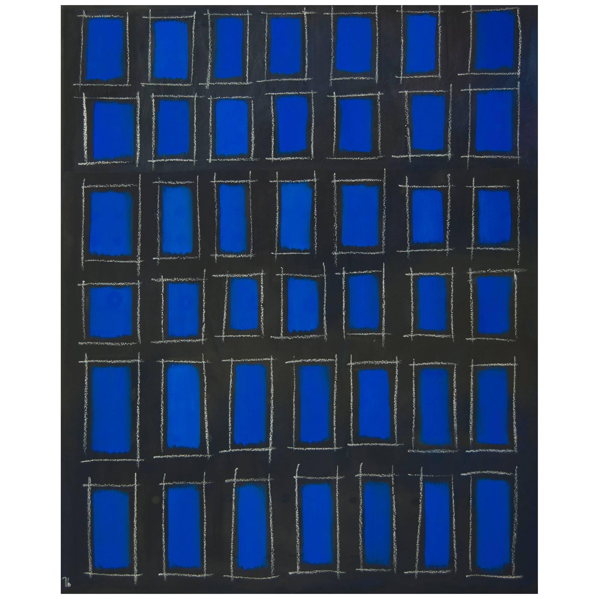 Abstract Oil Painting With Vivid Blue Squares and Black Grid by Tina Bluefield For Sale