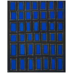 Abstract Oil Painting With Vivid Blue Squares and Black Grid by Tina Bluefield