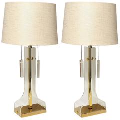 Pair of Laurel 1970s Lucite and Brass Lamps