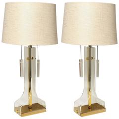 Pair of Laurel 1970s Lucite and Brass Lamps