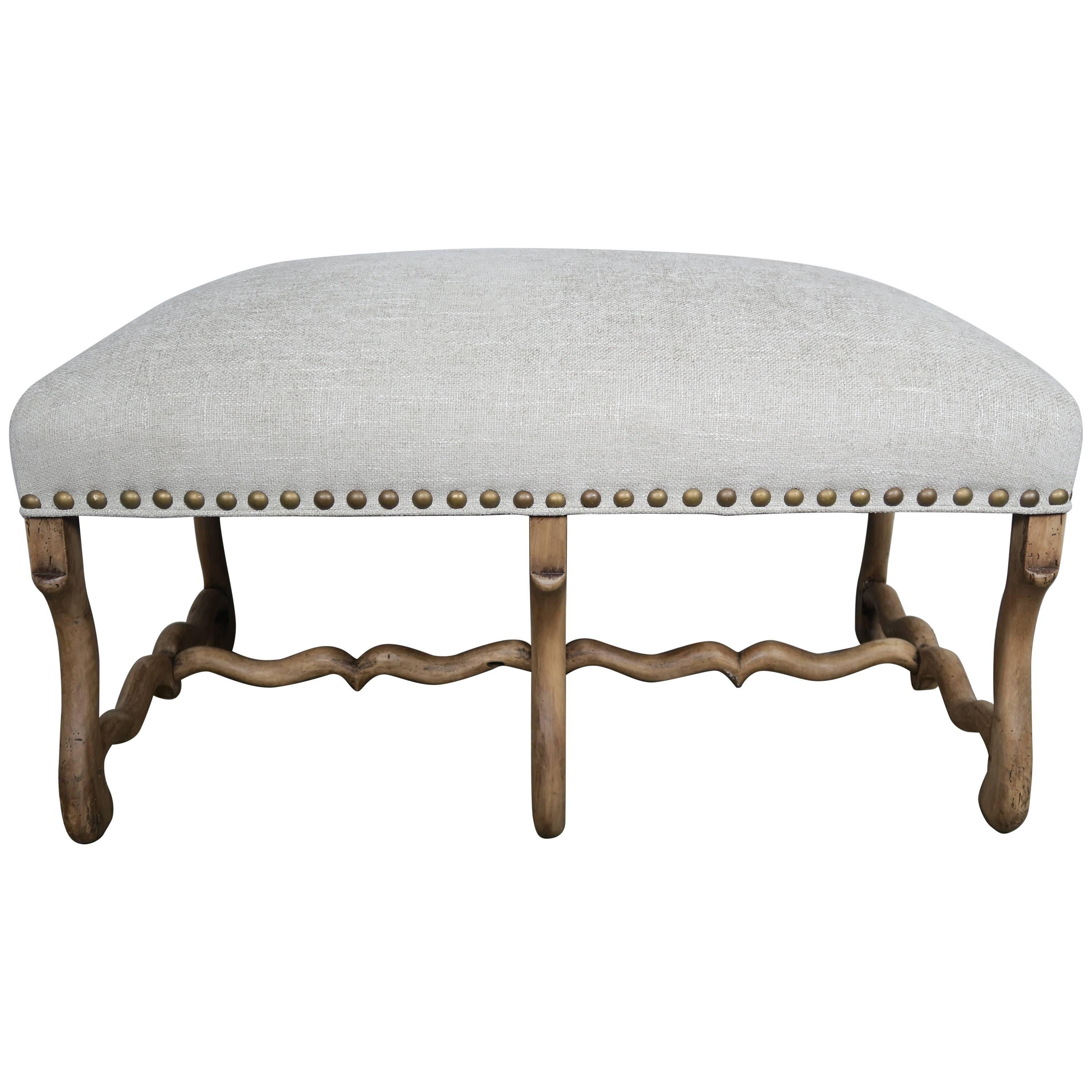 Spanish Walnut Bench with Linen Upholstery and Nailheads