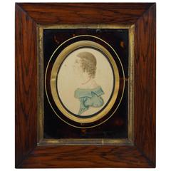 Regency Watercolor Portrait Miniature Lady in Blue, Tortoiseshell Effect Mount 6