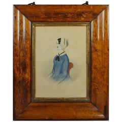 English 19th Century Folk Art Watercolor Portrait Lady Blue Dress, circa 1845 9