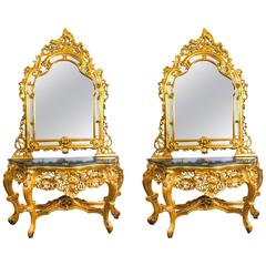 Vintage Louis Revival Carved Giltwood Console Table Mirror 20th Century