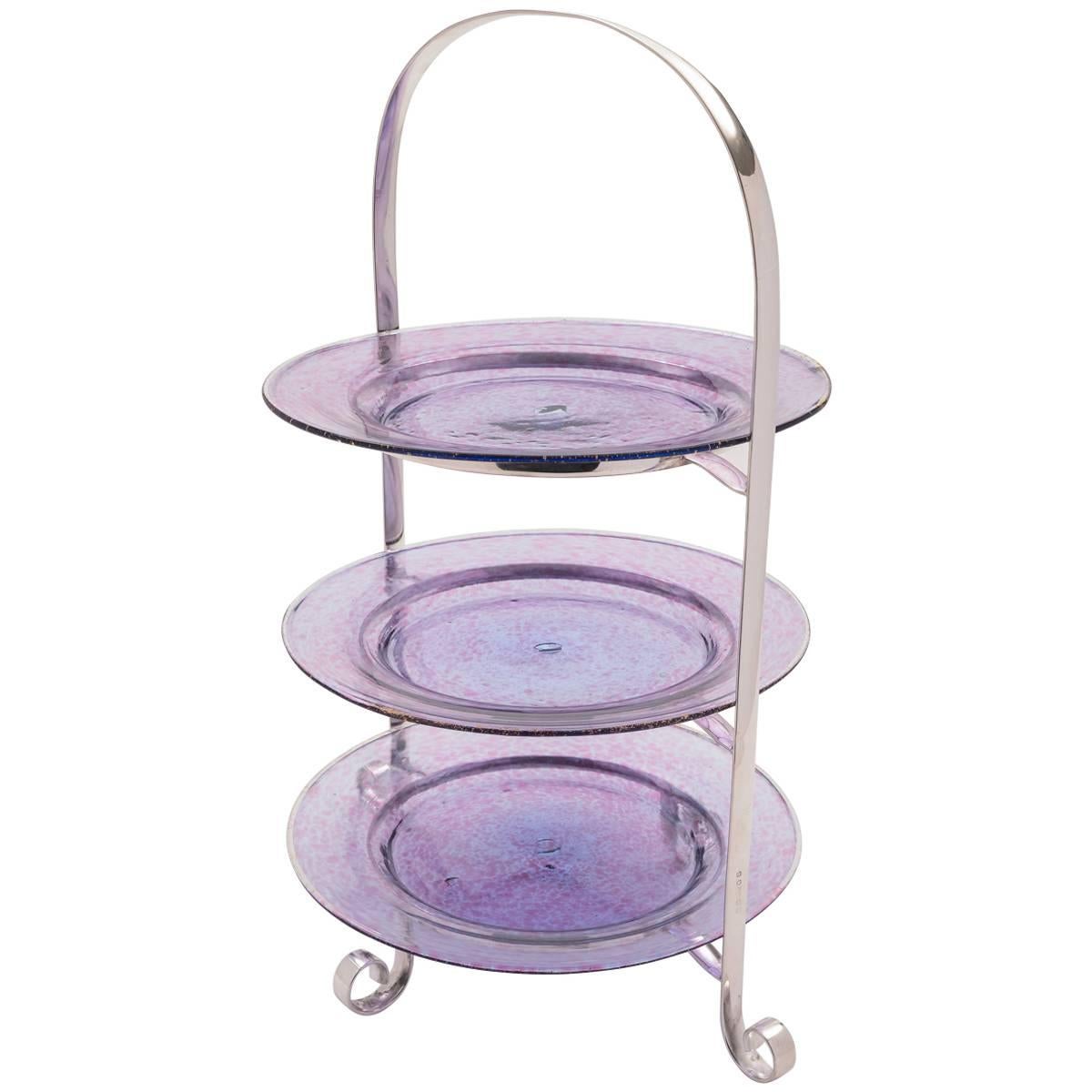 20th Century Three-Tier Silver Plated Cake Stand with Glass Plates