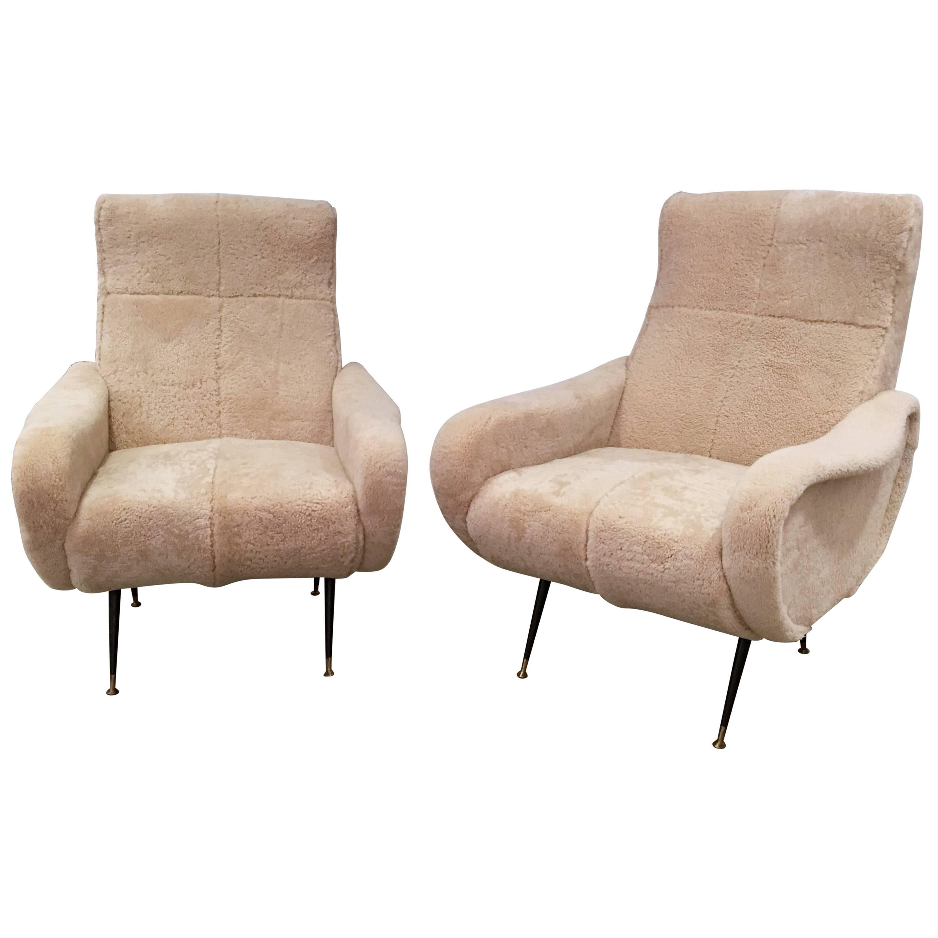 Pair of Mid-Century Italian Chairs, Shearling and Black Metal, circa 1950s