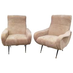 Pair of Mid-Century Italian Chairs, Shearling and Black Metal, circa 1950s