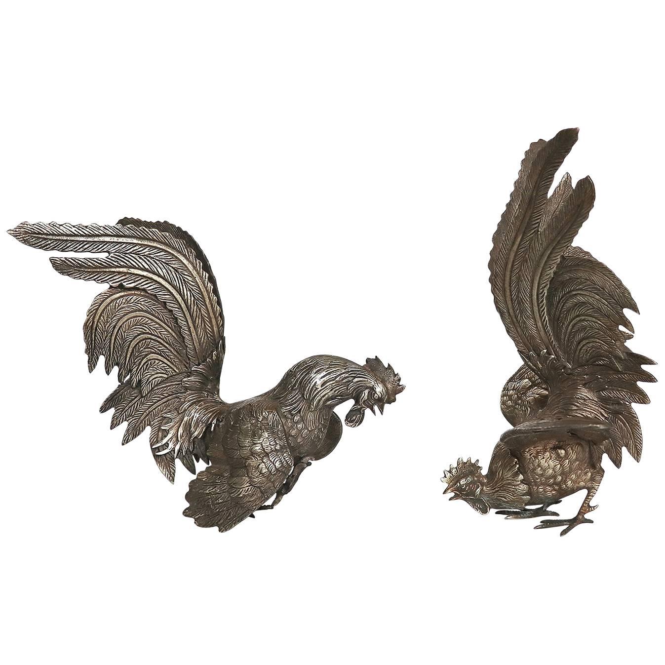 Large Pair of French White Metal Fighting Cocks or Roosters