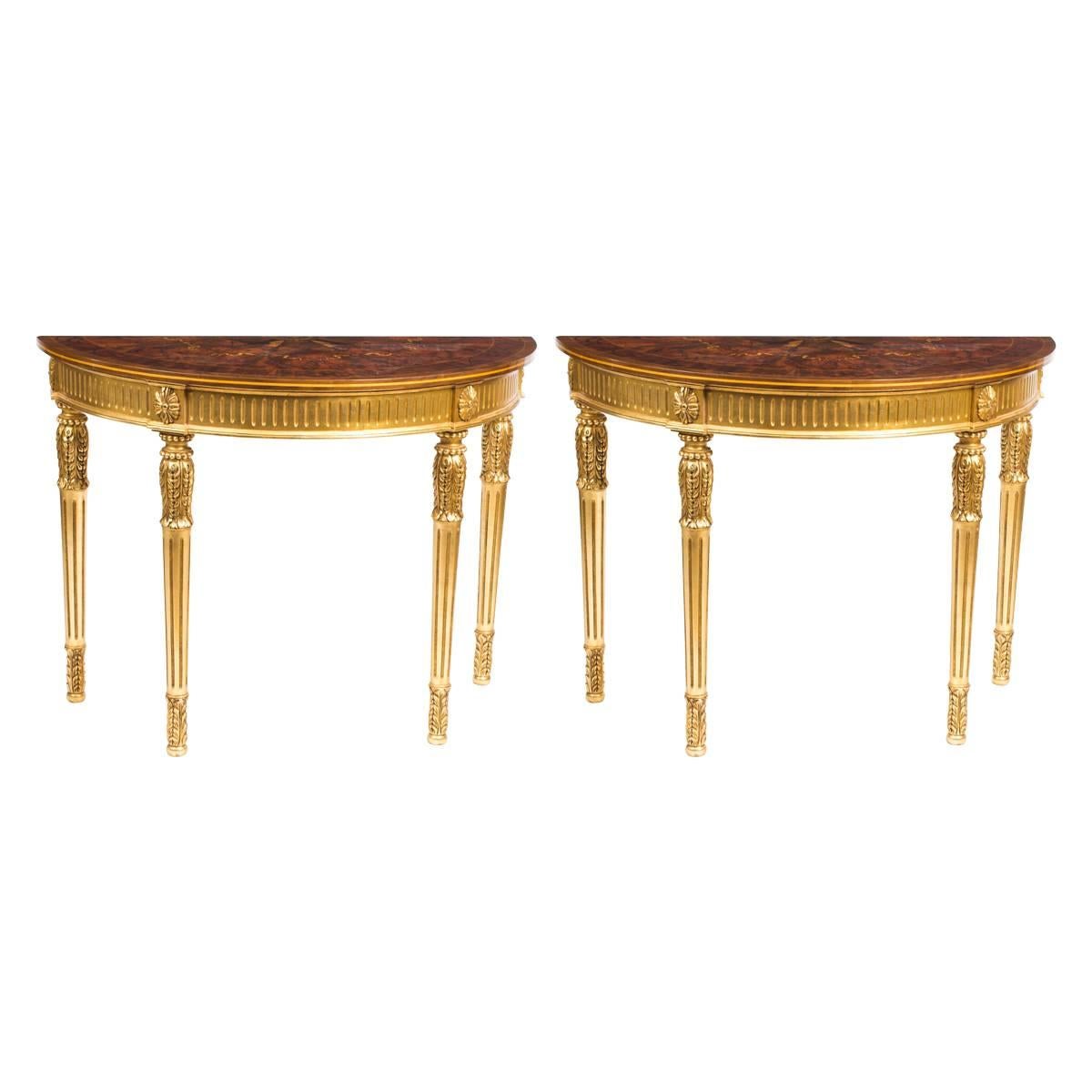 Stunning Pair of Giltwood Half Moon Marquetry Console Tables, 20th Century