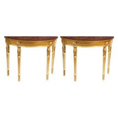 Retro Stunning Pair of Giltwood Half Moon Marquetry Console Tables, 20th Century