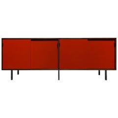 Florence Knoll Classic Walnut Credenza with Red Lacquered Doors and Leather Tabs 10
