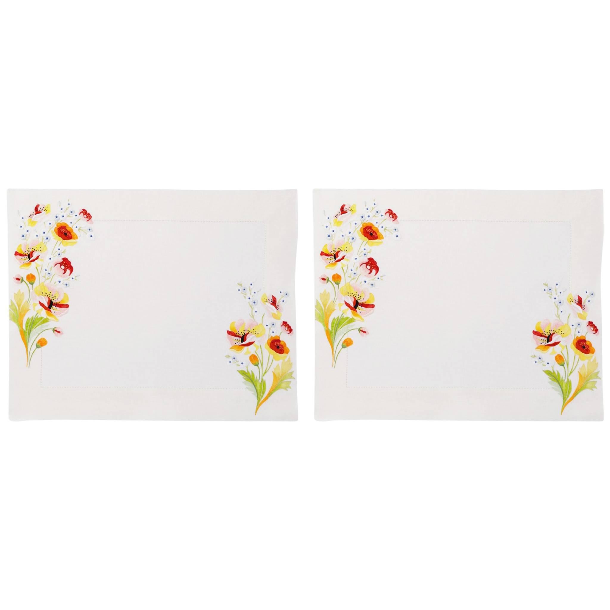 Hand-Painted and Hand Embroidered Linen Placemats, Set of Two