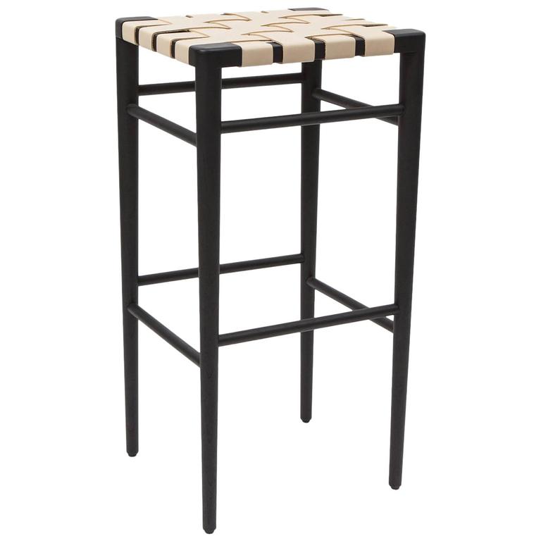 Smilow Furniture Ebonized Walnut Bar Stool with Leather Webbed Seat For Sale