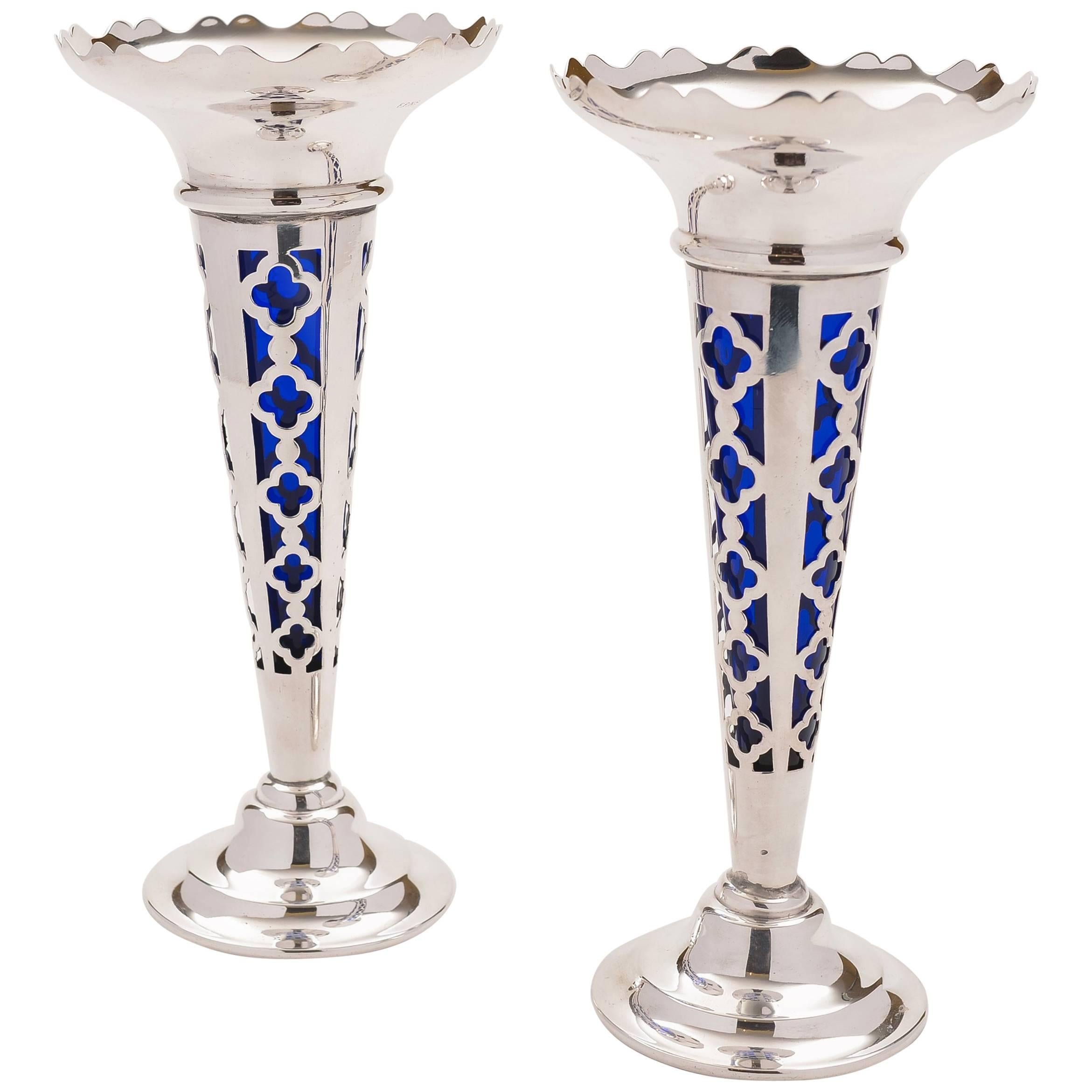 Pair of 20th Century Art Deco Silver Plated Vases For Sale