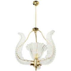 Italian 1940 Glass and Brass Art Deco Pendant Light in the Style of Barovier