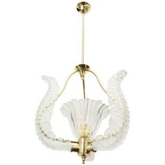 Italian 1940 Glass and Brass Art Deco Pendant Light in the Style of Barovier 12