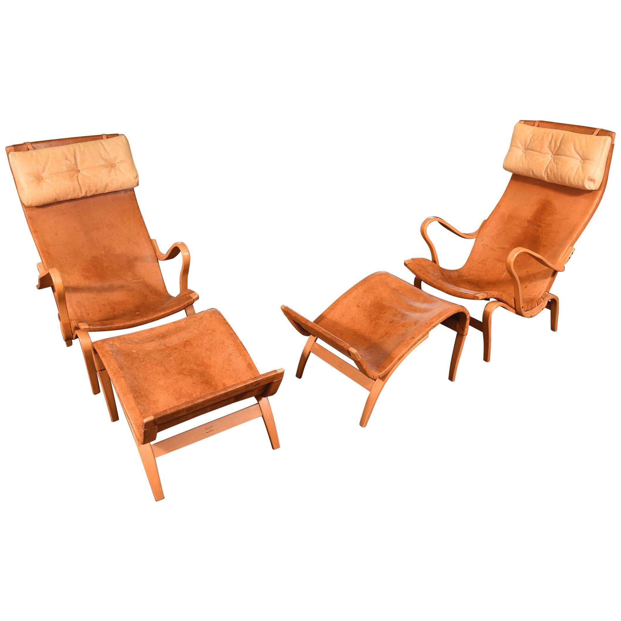 Pair of Bruno Mathsson Pernilla Chairs with Ottomans