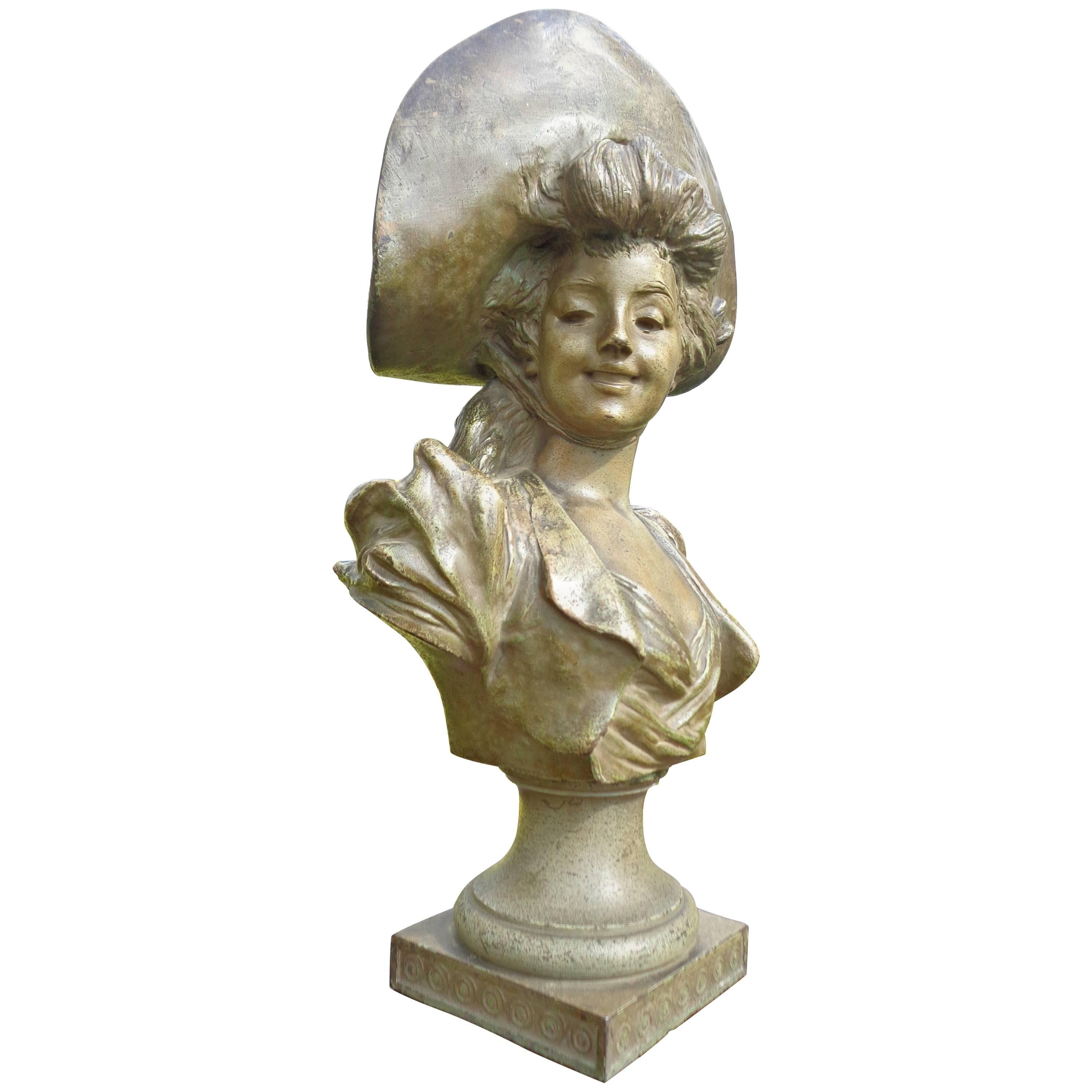 Antique French Spelter Metal, Bust Portrait of a Lady For Sale