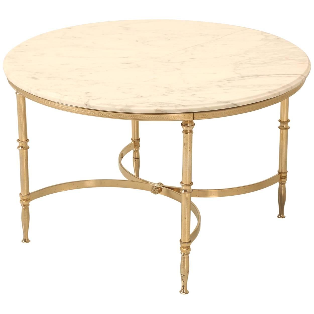 Mid-Century Modern French Round Coffee Table in Brass and Marble