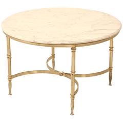 Mid-Century Modern French Round Coffee Table in Brass and Marble