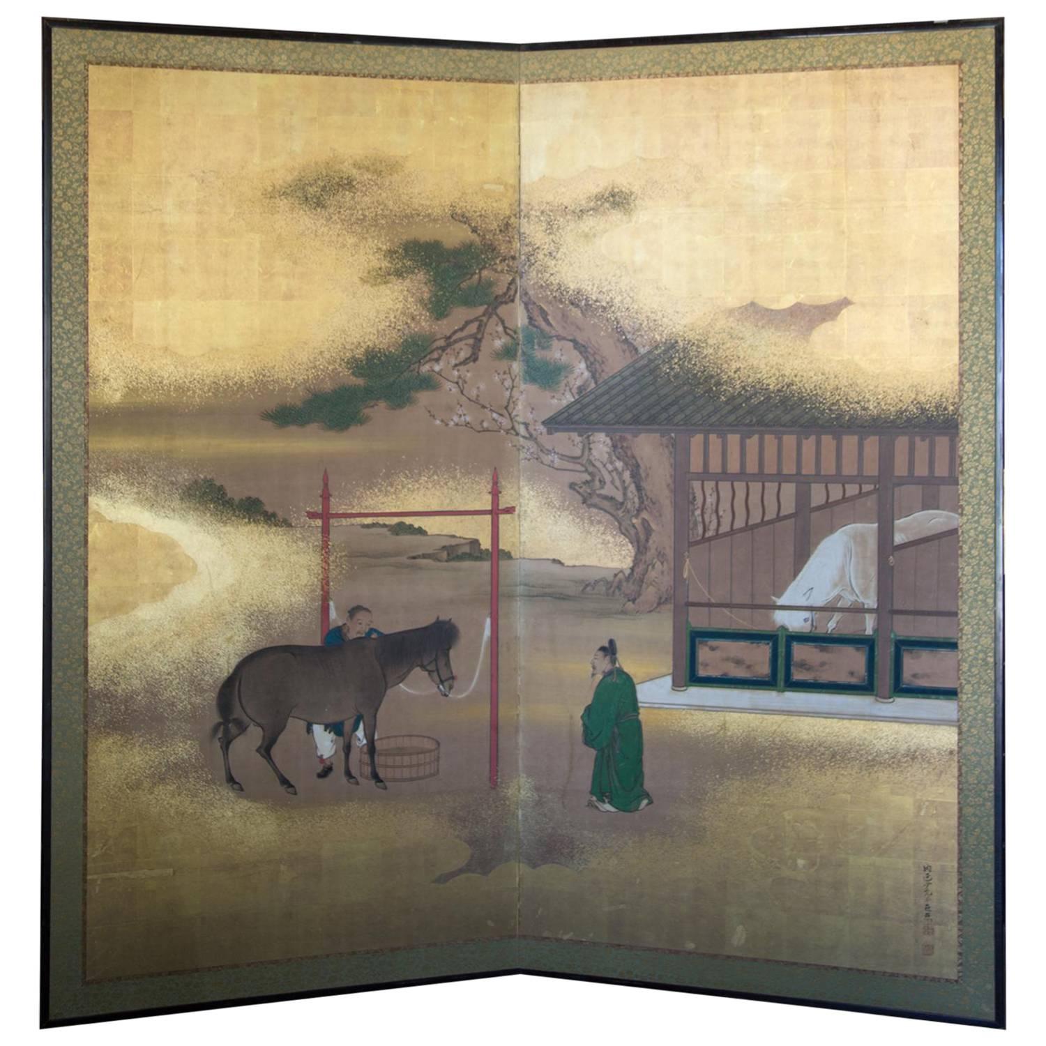 Japanese HORSES Fine Antique Two-Panel Gold Mist Screen Meiji Period 19thc
